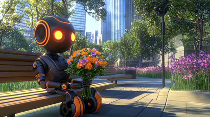 Cartoon art of cheerful robot holding colorful flowers on sunny park bench in futuristic city. Concept of technology, urban nature, artificial emotions, peaceful coexistence