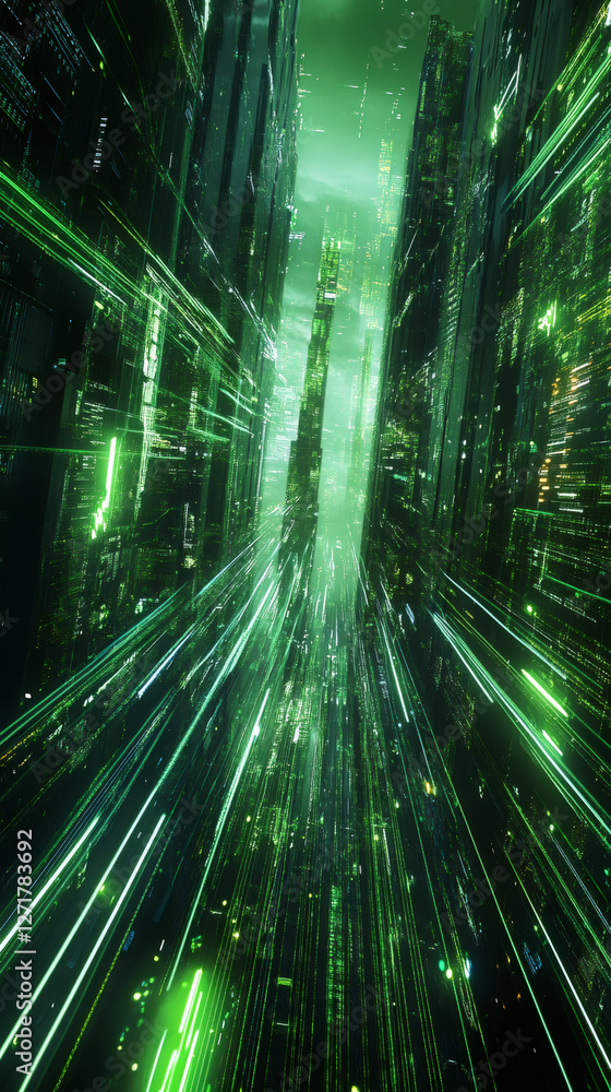Aufkleber green digital rain cascading over neon-lit cyberpunk skyline, simulating matrix-style data flow acro