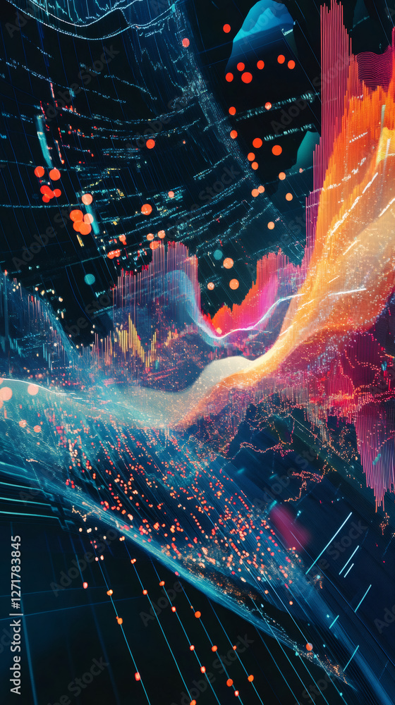 Poster complex data visualization with colorful lines, graphs and diagrams flowing over a world map, repres