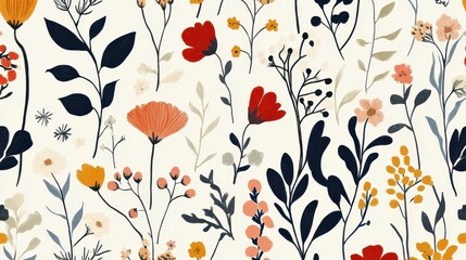 A vibrant floral pattern featuring a mix of colorful flowers and leaves on a soft cream background, perfect for fabric design or stationery.