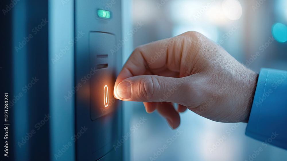 Poster hand entering passcode on digital keypad, close up view