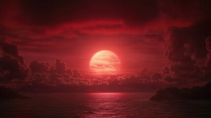 A stunning red sunset illuminating the ocean with dramatic clouds.