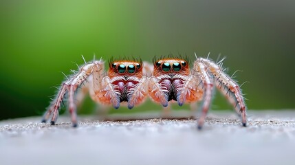 Fototapeta premium Two jumping spiders face-off, close-up, nature, blurred background, wildlife photography
