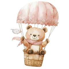 A joyful teddy bear soaring in a pink hot air balloon a whimsical adventure © juwairiya_nameera