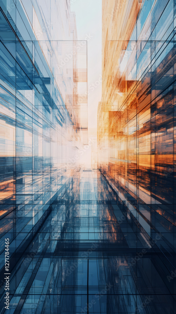 Aufkleber abstract low angle view of modern glass skyscrapers with reflections and a bright sky in the backgro