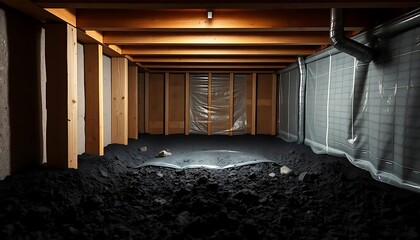 The vapor barrier is p next to an opening in the crawl space where damp earth is visible underscoring its importance in creating a protective barrier against moisture intrusion