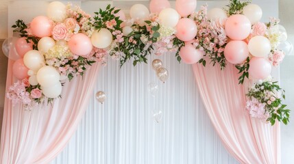 Pink balloon arch backdrop for event