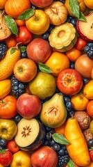 A seamless pattern depicting a collection of various fruits, meticulously painted in a realistic style, using a hyper-realistic technique and a natural color palette, arrang.
