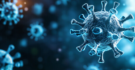 Microscopic view of virus with blue background, showcasing its structure and details. This represents study of viruses and their impact on health