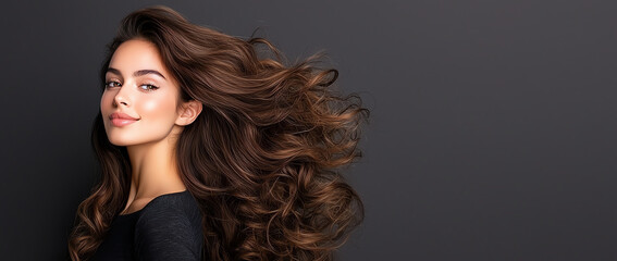 beautiful woman with long, curly hair poses gracefully against dark background, exuding confidence and charm. Her radiant skin and flowing locks create captivating image