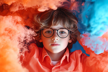 boy with big eyes and glasses surrounded by colorful smoke, looking curious and thoughtful. vibrant colors create playful and imaginative atmosphere