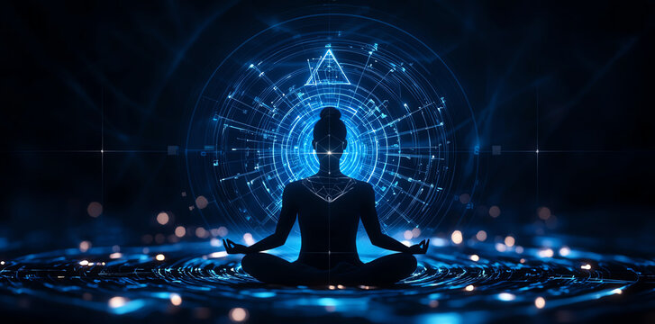 serene silhouette of woman meditating in lotus position, surrounded by glowing geometric patterns and light, creating tranquil atmosphere