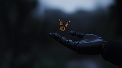 A robotic hand gently holding a vibrant orange butterfly in a dark setting.