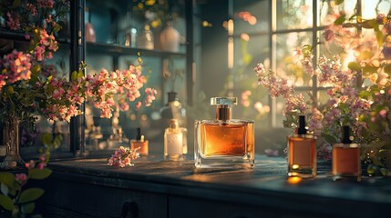 Perfume bottles are displayed among delicate pink flowering blossoms
