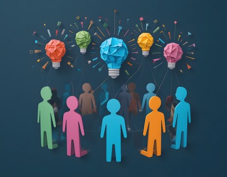 A minimalistic conceptual image of five abstract human figures in different colors, linked together to symbolize unity. Above them, glowing lightbulbs made of crumpled paper illustrate the process of