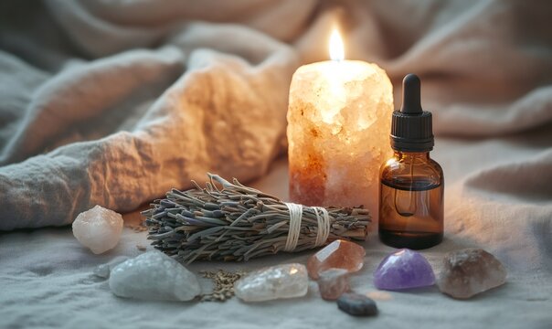 Smudge stick, crystals, and essential oil bottle arranged near a burning himalayan salt candle on a soft surface, promoting tranquility