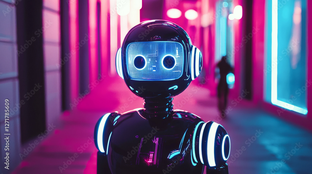 Poster cyberpunk art of sleek robot hacker with glowing elements in futuristic urban setting. concept of te