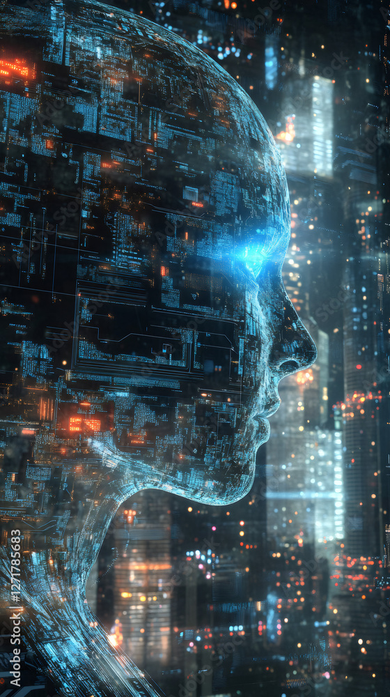 Poster artificial intelligence forming the profile of a face observing a futuristic city with skyscrapers a