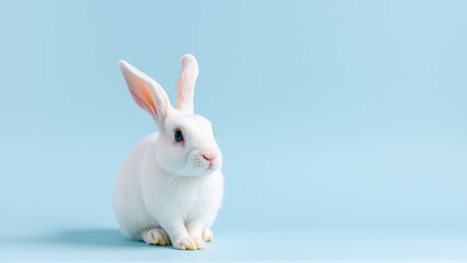 Obraz premium Cute white rabbit on isolated blue background