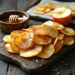 Homemade Crispy Apple Chips with Honey Drizzle and Sea Salt on a Wooden Board