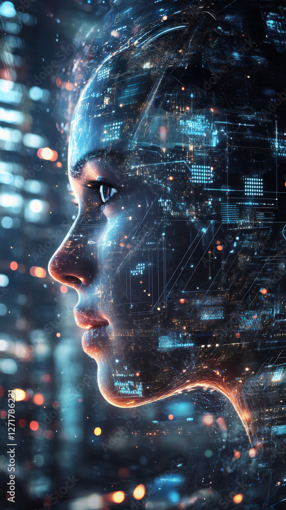 Aufkleber woman's profile merging with artificial intelligence circuit board illuminating night cityscape with
