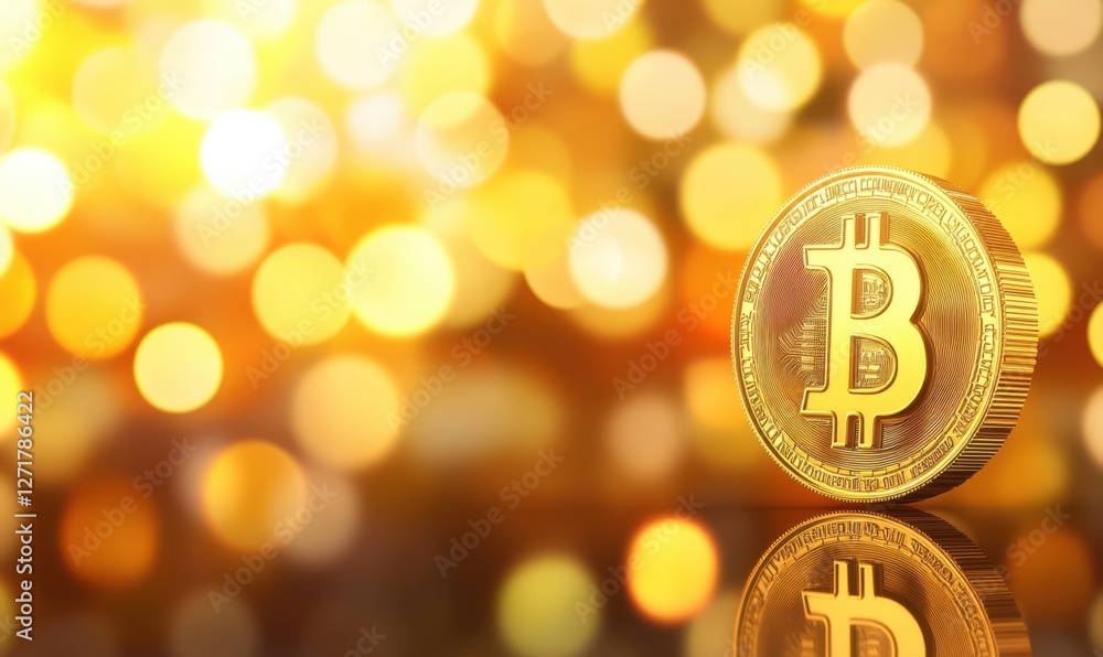 Poster gold bitcoin on reflective surface with bokeh background for finance