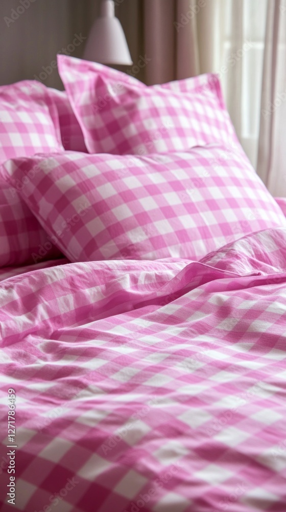 Aufkleber vibrant pink and white checked bed linen adds a touch of charm to this cozy bedroom. soft pillows co