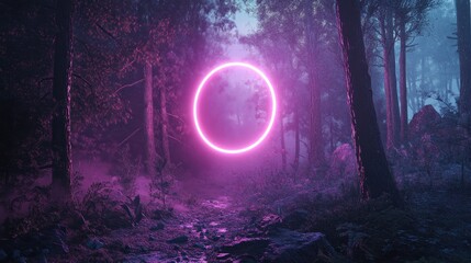 Fototapeta premium A vibrant purple neon circle glows in a misty forest, creating an enchanting and surreal atmosphere amidst the lush greenery.