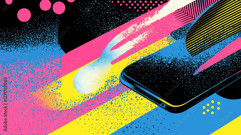 Poster pop art illustration of a vibrant smartphone emitting bold colors and abstract shapes with dynamic p
