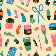 Art supplies seamless pattern: paint tubes, brushes, pencils, watercolor, crayons. Drawing and painting tools. Flat vector surface for fabric, paper. Art classes and creative workshops, school concept