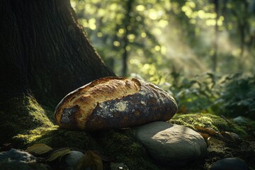 A rustic sourdough loaf rests on mossy stones beside a tree in a sun-dappled forest.