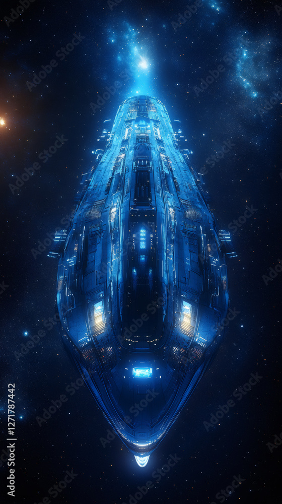 Poster futuristic spaceship navigating through the cosmos, approaching a distant nebula, stars and galaxies