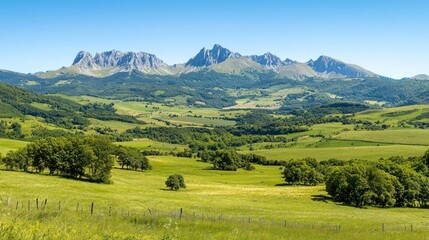 Green Valley Landscape with Majestic Mountains under a Sunny Sky
