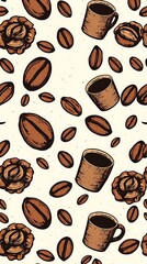 Obraz premium A rustic seamless pattern featuring hand-drawn, grungy-style coffee beans and coffee cups in deep brown and beige tones, set against a parchment-like off-white background, c.