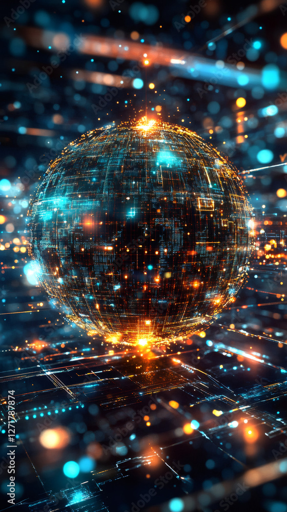 Aufkleber glowing digital sphere rotating over futuristic circuit board, big data, technology and engineering 