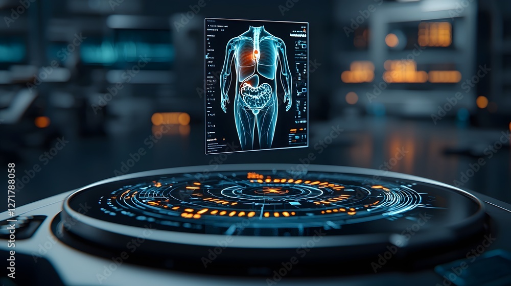 Poster futuristic holographic medical scan featuring a floating 3d organ visualization showcasing advanced 