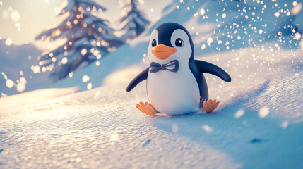 Obraz premium Charming Cartoon Penguin with Bow Tie Joyfully Sliding on Snowy Hillside. Concept of Winter Fun, Adorable Animals, Playful Seasons, Cheerful Wilderness Adventures