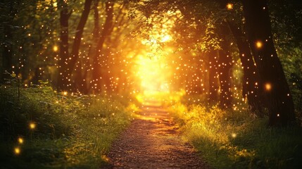 Obraz premium A serene forest path illuminated by golden sunlight, evoking magic and tranquility amidst the lush greenery.