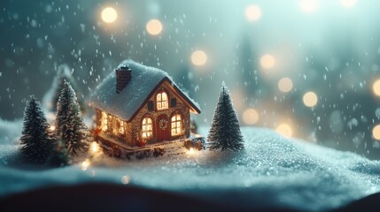 A cozy miniature cottage nestled in a snowy landscape, illuminated by soft lights, creating a warm winter atmosphere.