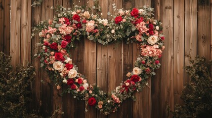 Fototapeta premium Heart-shaped floral wreath on rustic wooden wall