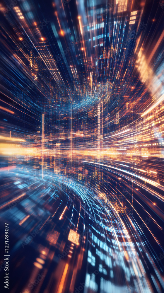 Aufkleber Digital data stream flowing and transferring in cyberspace with binary code, big data, and high speed internet connection