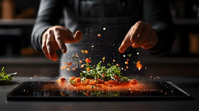 Futuristic holographic restaurant menu showcasing 3D floating food projections sleek transparent user interface and an immersive customer dining experience with cutting edge culinary technology