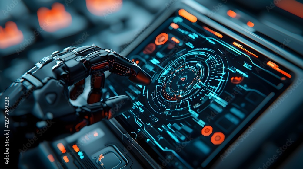 Poster futuristic holographic robotics interface showcasing a 3d rotating mechanical arm projection with gl