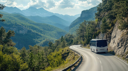 Scenic bus journey through mountainous terrain and lush greenery under a partly cloudy sky