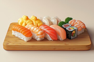 Exquisite sushi platter on wood.