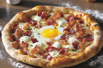 Delicious breakfast pizza topped with egg, bacon, and cheese on a wooden table