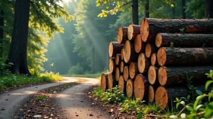 Sunlit forest path alongside a neatly stacked pile of timber logs, showcasing the natural beauty of a woodland setting and the raw materials of construction