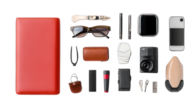 A red leather bound book with a bunch of items on top of it