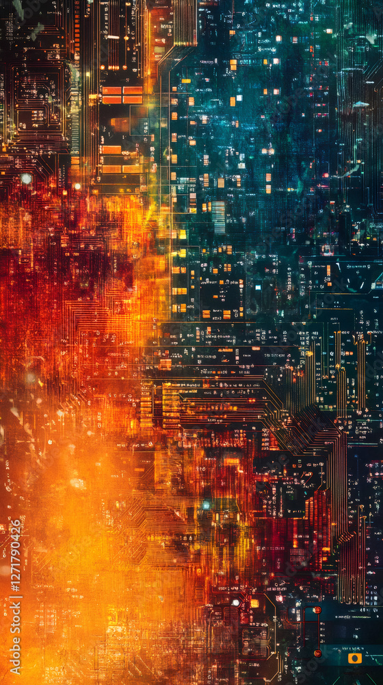 Poster detailed electronic circuit board with interconnected pathways, showcasing multicolored technologica