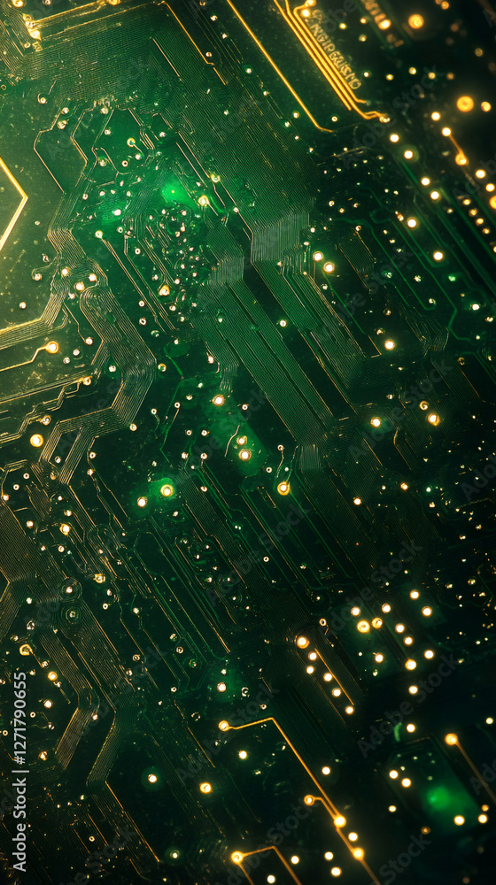 Poster electronic circuit board glowing with vibrant green and yellow lights, highlighting intricate data t